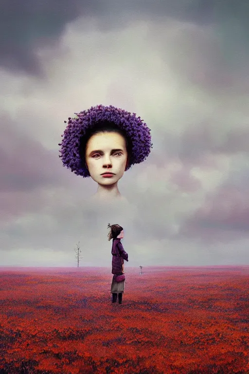 Image similar to portrait, enormous daisy flower head, a girl wearing coat in heather field, surreal photography, wind and cold, dramatic sky, impressionist painting, digital painting, artstation, simon stalenhag