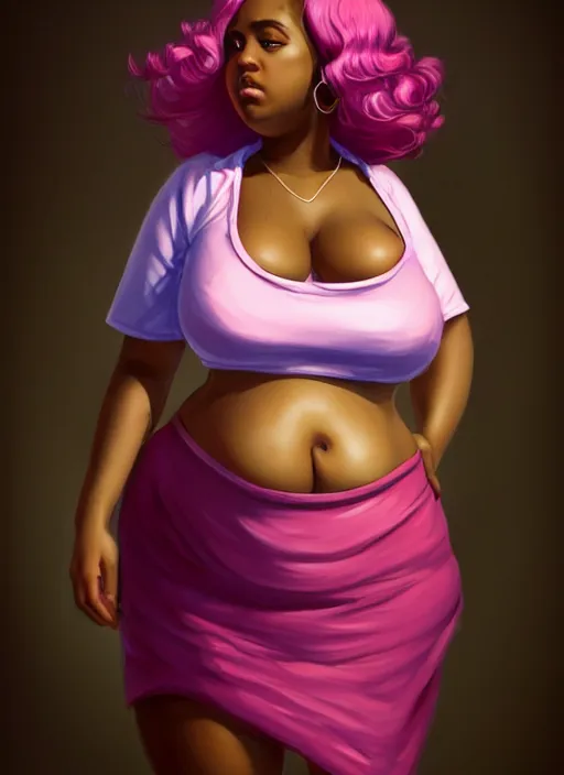 Image similar to full body portrait, teenage vanessa morgan, pink hair, dark skin, obese, curly pixie hair, sultry, realistic, short hair, hoop earrings, skirt, shirt, fat, belly, intricate, elegant, highly detailed, digital painting, artstation, concept art, smooth, sharp focus, illustration, art by wlop, mars ravelo and greg rutkowski