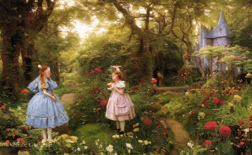 Image similar to alice in the wonderland by peder mørk mønsted and pierre auguste cot and daniel f. gerhartz