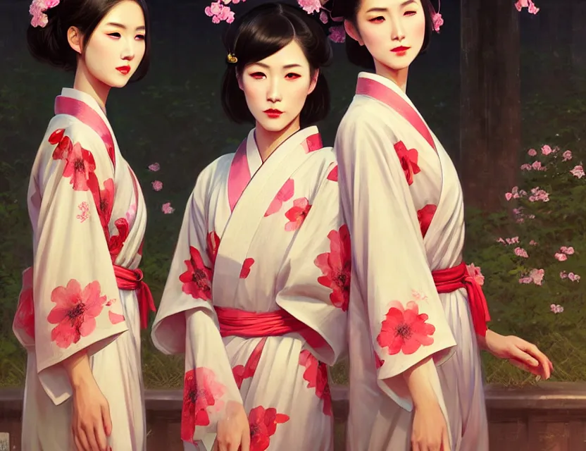 Image similar to two beautiful fashion taiwan girl wear elegant yukata in festival | | big eyes, summer night, realistic shaded, smile, good looking, fine details, 4 k realistic, cryengine, realistic shaded lighting poster by greg rutkowski, magali villeneuve, artgerm, jeremy lipkin and michael garmash and rob rey