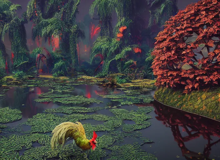 Prompt: soft painting large rooster reflection refraction world synthwave ruins ponds alien vegetation, accurate features, focus, very intricate ultrafine details, black autumn, dense fog, award winning masterpiece, octane render 8 k hd, fantasy