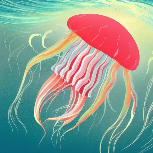 Prompt: hyperdetailed photorealistic! national geographic modern childrenbook illustration of a voluptuous! transparent!!! rose and white jellyfish, swimming gently in the ocean. seen from the distance. transparent soft natural tones. matte background