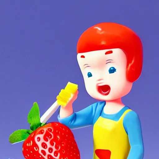 Image similar to a very cute, adorable strawberry character with only two front teeth, holding a yellow toothbrush, in the style of hiroshi nagai