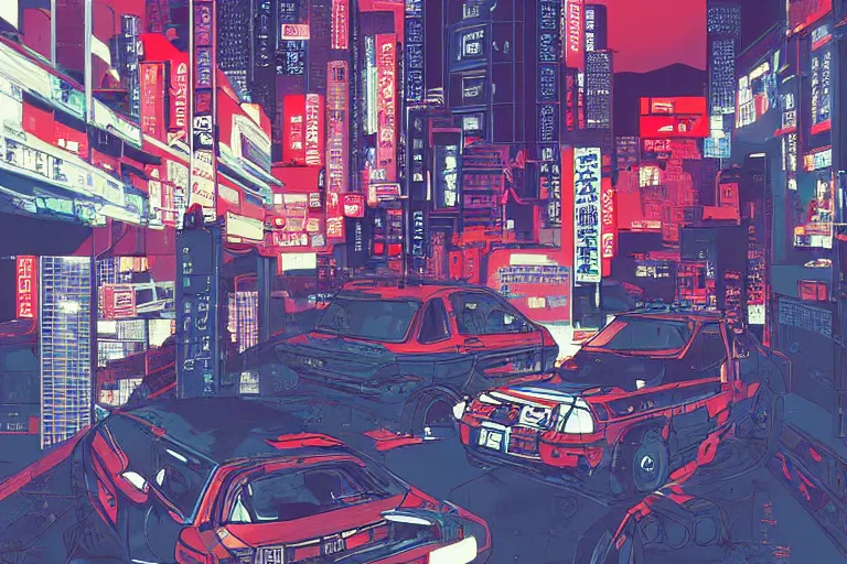 Image similar to Poster Illustration of Geo Metro, neo-Tokyo, Akira Color Palette, Inspired by Akira + MGS2 + FLCL, 8k :4 by Vincent Di Fate + Arc System works + Katsuhiro Otomo 2002 peugeot 206 xs, city in anime cyberpunk style by Hayao Miyazaki