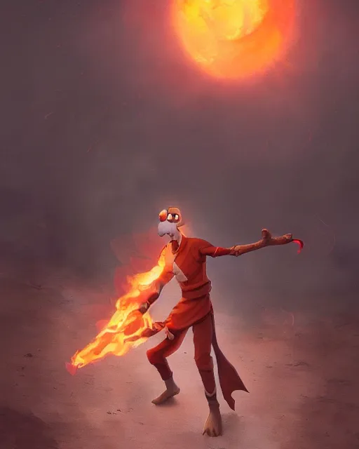 Image similar to squidward with [ four legs ] wearing fire nation clothing and practicing firebending outside at susnset, [ greg rutkowski ]