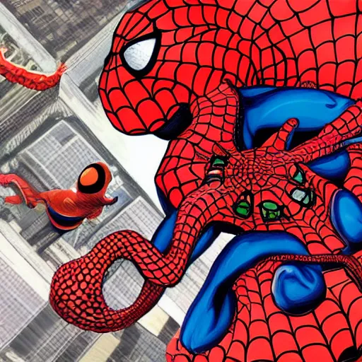 Image similar to octopus attacking and suffocating spiderman, photorealistic