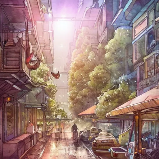 Image similar to Beautiful happy picturesque charming sci-fi city in harmony with nature. Beautiful light. Nice colour scheme, soft warm colour. Beautiful detailed watercolor by Lurid. (2022)