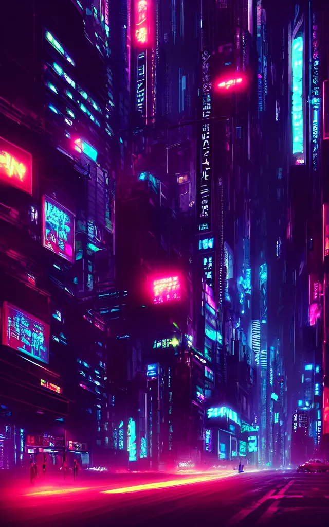 Image similar to concept art of a magnificent dark neon futuristic cyberpunk city bustling street at night cyberart in the style of liam wong in the film akira rendered in octane, 3 d render, trending on cgsociety, blender 3 d, displacement mapped