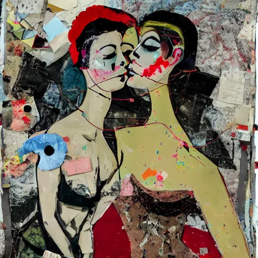 Image similar to two women kissing at a carnival in a war zone, mixed media collage, retro, paper collage, magazine collage, acrylic paint splatters, bauhaus, claymation, layered paper art, sapphic visual poetry expressing the utmost of desires by jackson pollock