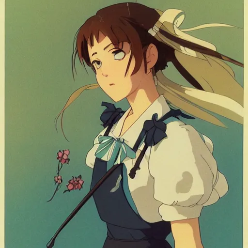 Prompt: a maid girl winking, film still, studio portrait, high quality, makoto shinkai, studio ghibli, wlop, greg rutkowski, alphonse mucha, highly detailed