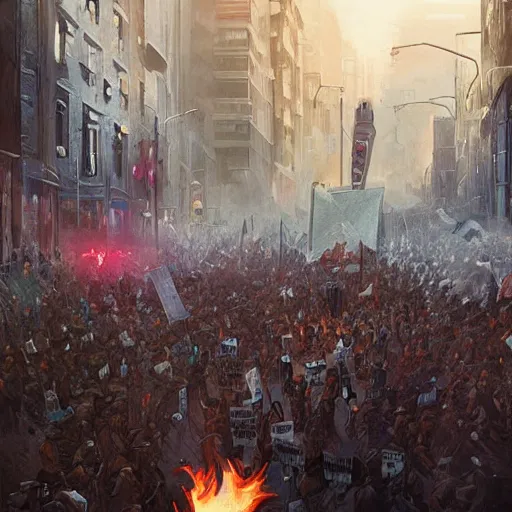 Image similar to protesters marching, detailed digital illustration by greg rutkowski, fire, android netrunner, forced perspective