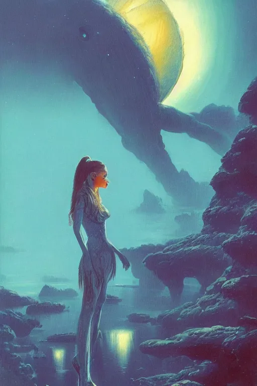 Image similar to ariana grande, art by bruce pennington, t rending on artstation, bioluminescence closeup view illustrator, american romanticism, very very elegant, 4 k hd