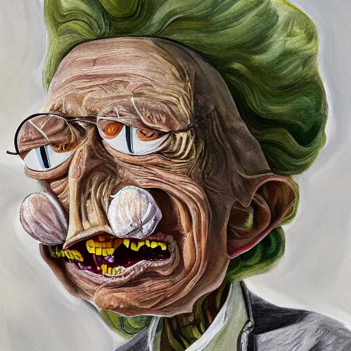 Image similar to high quality high detail painting by lucian freud, hd, portrait of rick and morty