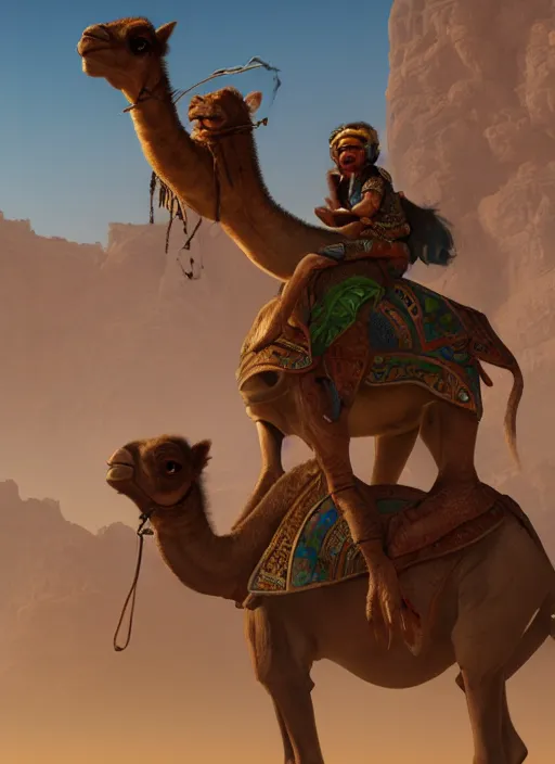 Image similar to portrait of a goblin as an arab riding a camel, trending in artstation, cinematic lighting, studio quality, smooth render, unreal engine 5 rendered, octane rendered, art style by klimt and nixeu and ian sprigger and wlop and krenz cushart.