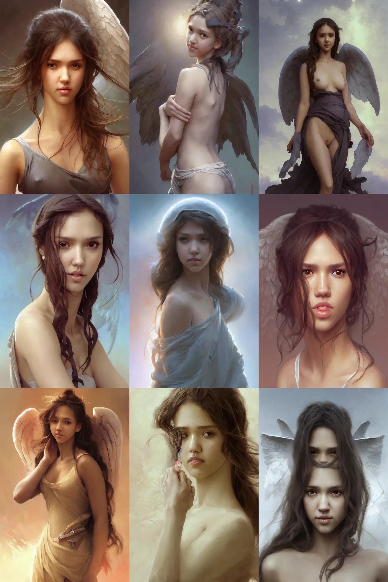 Prompt: depiction of Girl angel Jessica Alba illustration by Ruan Jia and Mandy Jurgens and William-Adolphe Bouguereau, Artgerm, 4k, digital art, surreal, space dandy style, highly detailed, godsend, artstation, digital painting, concept art, smooth, sharp focus, illustration by Ruan Jia and Mandy Jurgens and William-Adolphe Bouguereau