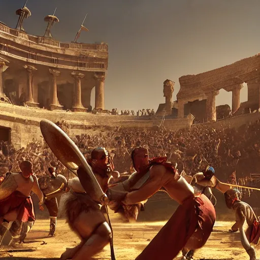 Prompt: anthropomorphic gladiators arena fighting for life with a crowd of spectators, duunes desert medium shot, key art by craig mullins, bloom, dramatic lighting, cinematic, high details