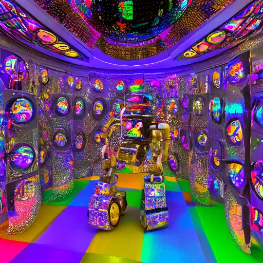 Prompt: tilt shifted robot using modular synth with disco ball in a hall of mirrors with stained glass and crystals, sparkles, shine glimmer, by scott uminga and chris dyer