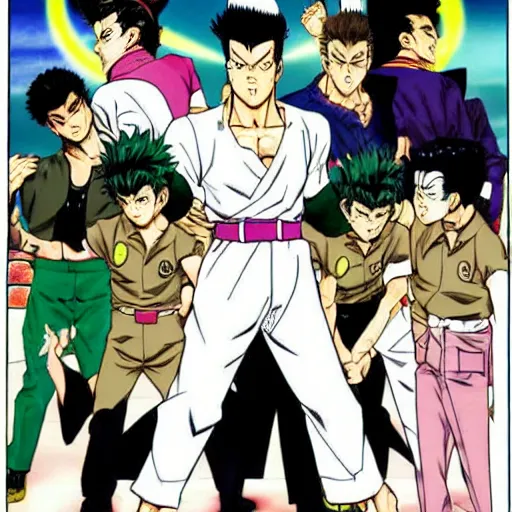 Image similar to young boy angry, kuwabara hairstyle, art by hirohiko araki, jotaro kujo, kakyoin, manga page, action pose, manga cover