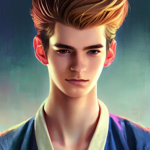 Prompt: colorful Captivating teenage boy with brown blond very short quiff hair and facial structure like andrew garfield, brown eyes with red eye markers, slim body, wearing a detailed Japanese kimono with golden details, atmospheric lighting, painted, intricate, 4k, highly detailed by Charlie Bowater