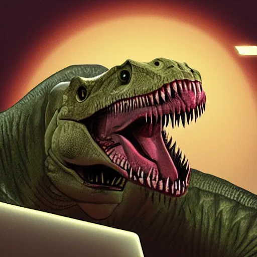 Image similar to a t - rex screaming at their computer