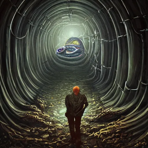 Image similar to a hyper realistic painting of a half lizard half man standing in a sewer, glowing eyes, creepy, horror vibe, real, in the style of dan mumford