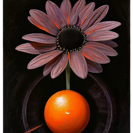 Prompt: black daisy with an orange center, logo, intricate oil painting, by jessica rossier and brian froud and hr giger