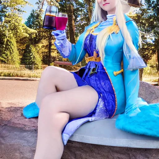 Image similar to Crystal Maiden cosplayer sitting on a park bench drinking alcohol, photorealistic photograph, telephoto lens