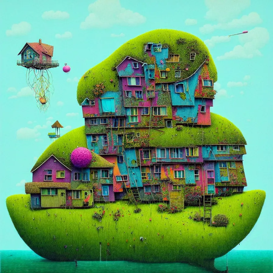 Image similar to surreal glimpse into other universe, a house on an island, summer morning, very coherent and colorful high contrast, art by!!!! gediminas pranckevicius!!!!, geof darrow, floralpunk screen printing woodblock, dark shadows, hard lighting, stipple brush technique,