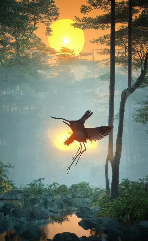 Image similar to rendered in unreal engine 5, a huge japanese crane bird is chilling above a lake in the middle of a forest of japanese pines, a big red sun in the background, front trading card, photorealistic, high details, trending on artstation, 8k, stunning, volumetric lights