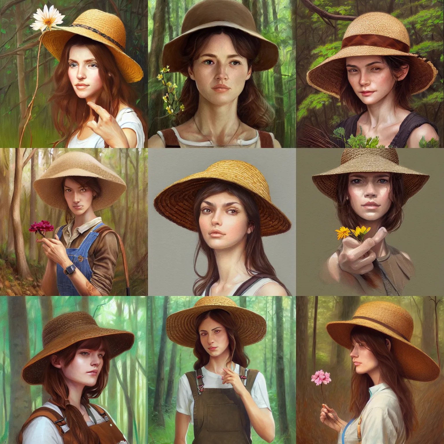 Prompt: woman, overalls, straw hat, brown hair, holding a flower, forest, portrait, highly detailed, digital painting, trending on artstation, concept art, sharp focus, illustration, art by artgerm and greg rutkowski and magali villeneuve