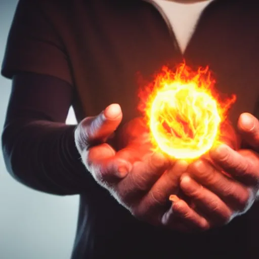 Image similar to close up telephoto shot of a mage holding a fireball in their hands, highly detailed VFX, CGI render