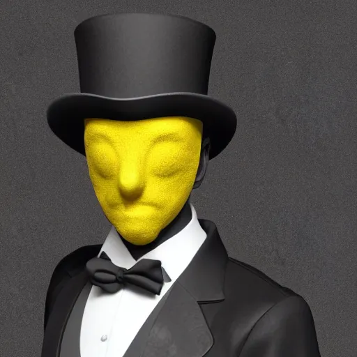 Image similar to a highly detailed portrait of a man in a high top hat covering his face, in a black tailcoat with a yellow waistcoat under the tailcoat, artstation, deviantart, professional, unreal engine 5, photorealistic