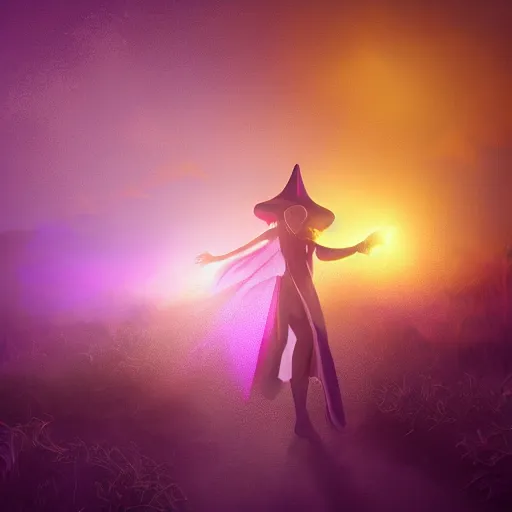 Prompt: luminescent purple wizard, realistic style, female, dark background, volumetric fog, 4K