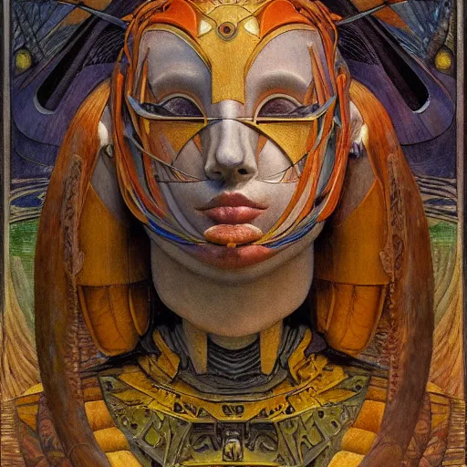 Prompt: the robot queen with her bird mask, by annie swynnerton and diego rivera and elihu vedder and jean delville, symbolist, dramatic lighting, elaborate geometric ornament, head and shoulders view, art brut, soft cool colors, smooth, sharp focus, extremely detailed, adolf wolfli, donato giancola, leo and diane dillon