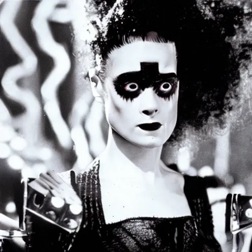 Image similar to cinematic portrait of bride of frankenstein as a replicant in a nightclub, confused and angry, still from the movie bladerunner, fashion photography, a neon sign is in the background