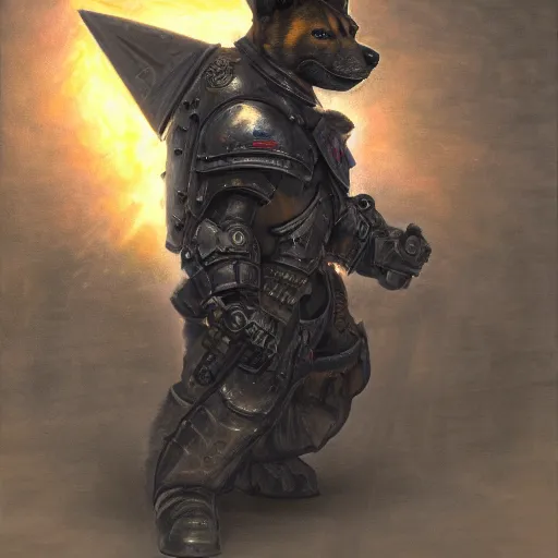 Image similar to wearing warhammer 4 0 k champion black armor, anthropomorphic shiba inu, shiba inu face, stuning 3 d render, masterpiece, glowing aura, by donato giancola and greg rutkowski and wayne barlow and zdzisław beksinski, realistic face