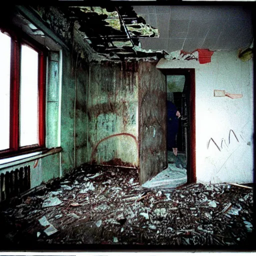 Image similar to 1 9 9 3, disposable camera, flash, old abandoned building, creepy scary monster, style of trevor henderson