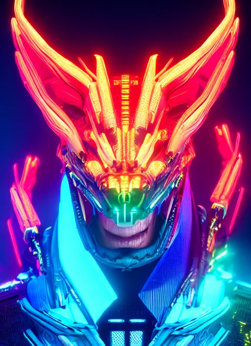 Image similar to cyberpunk dragon portrait, neon lights, red, blue, yellow, green, ultra detailed, trending on artstation, concept art, octane render, unreal engine,