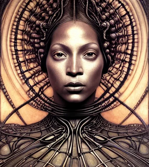 Image similar to detailed realistic beautiful young medieval alien robot beyonce face portrait by jean delville, gustave dore and marco mazzoni, art nouveau, symbolist, visionary, gothic, pre - raphaelite. horizontal symmetry by zdzisław beksinski, iris van herpen, raymond swanland and alphonse mucha. highly detailed, hyper - real, beautiful, fractal baroque