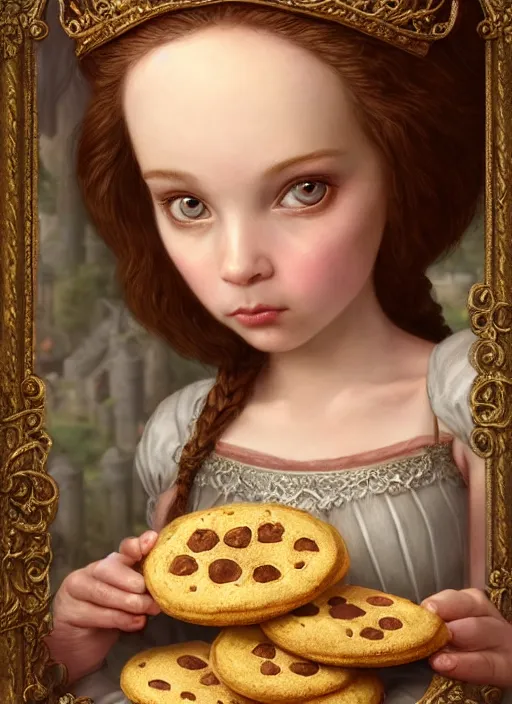 Image similar to highly detailed closeup portrait of a fairytale medieval princess eating cookies, unreal engine, nicoletta ceccoli, mark ryden, lostfish, earl norem, global illumination, god rays, detailed and intricate environment