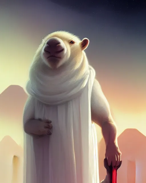 Image similar to a white capybara dressed as a sith lord, beautiful, agile, fairy, myth, legend, detailed, trending on artstation, light effects, kilian eng, john harris, bastien lecouffe - deharme