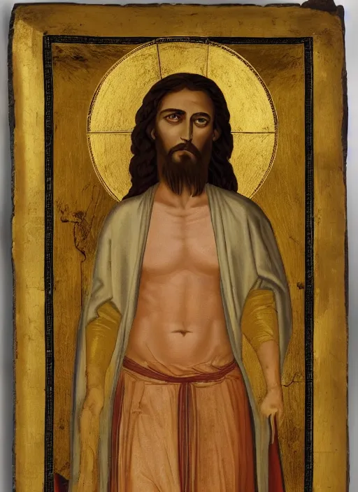 Prompt: « full length portrait of the jesus, robe down to his feet, band of gold round his breasts, white hear, fire in eyes, seven stars in right hand, two - edged sword out of the mouth »