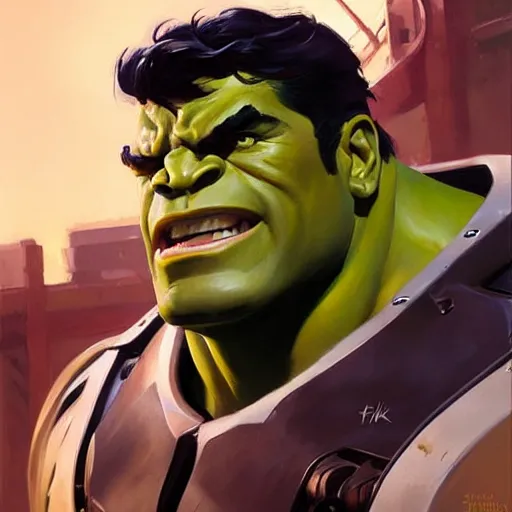 Prompt: Greg Manchess portrait painting of the Hulk as Overwatch character, medium shot, asymmetrical, profile picture, Organic Painting, sunny day, Matte Painting, bold shapes, hard edges, street art, trending on artstation, by Huang Guangjian and Gil Elvgren and Sachin Teng