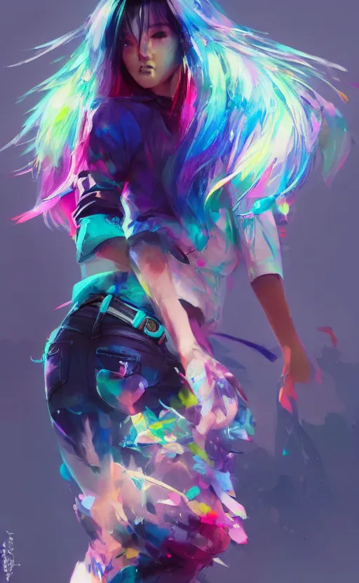 Prompt: a kawaii woman with rainbow hair dancing, kawaii shirt and jeans, In style of Yoji Shinkawa, wojtek fus, by Jordan Grimmer and greg rutkowski, concept art, highly detailed