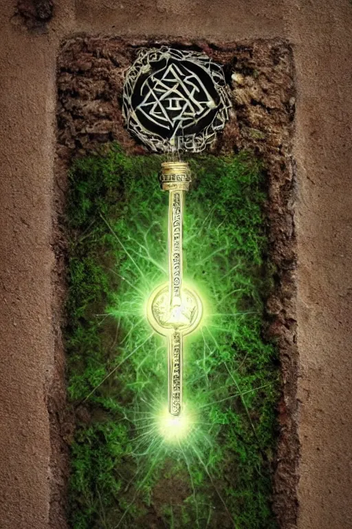 Image similar to the kabbalistic key to the sephira daath, etched into a wall with little bits of crystals, the floor covered by moss cgsociety