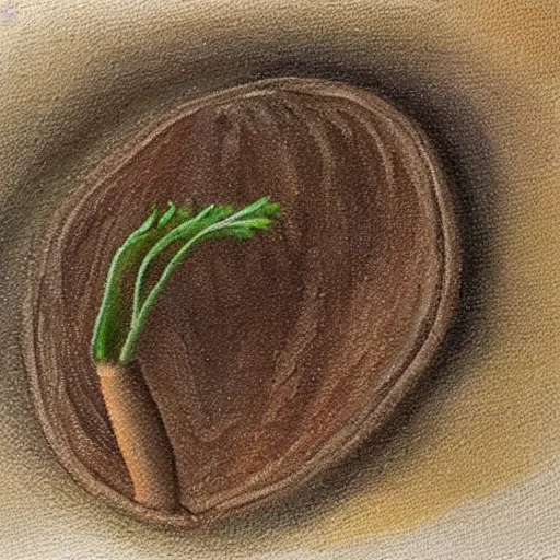 Image similar to detailed painting of a single small seed sitting on loose fresh earth, breaking open to reveal the cotyledon. muted colors and natural tones.