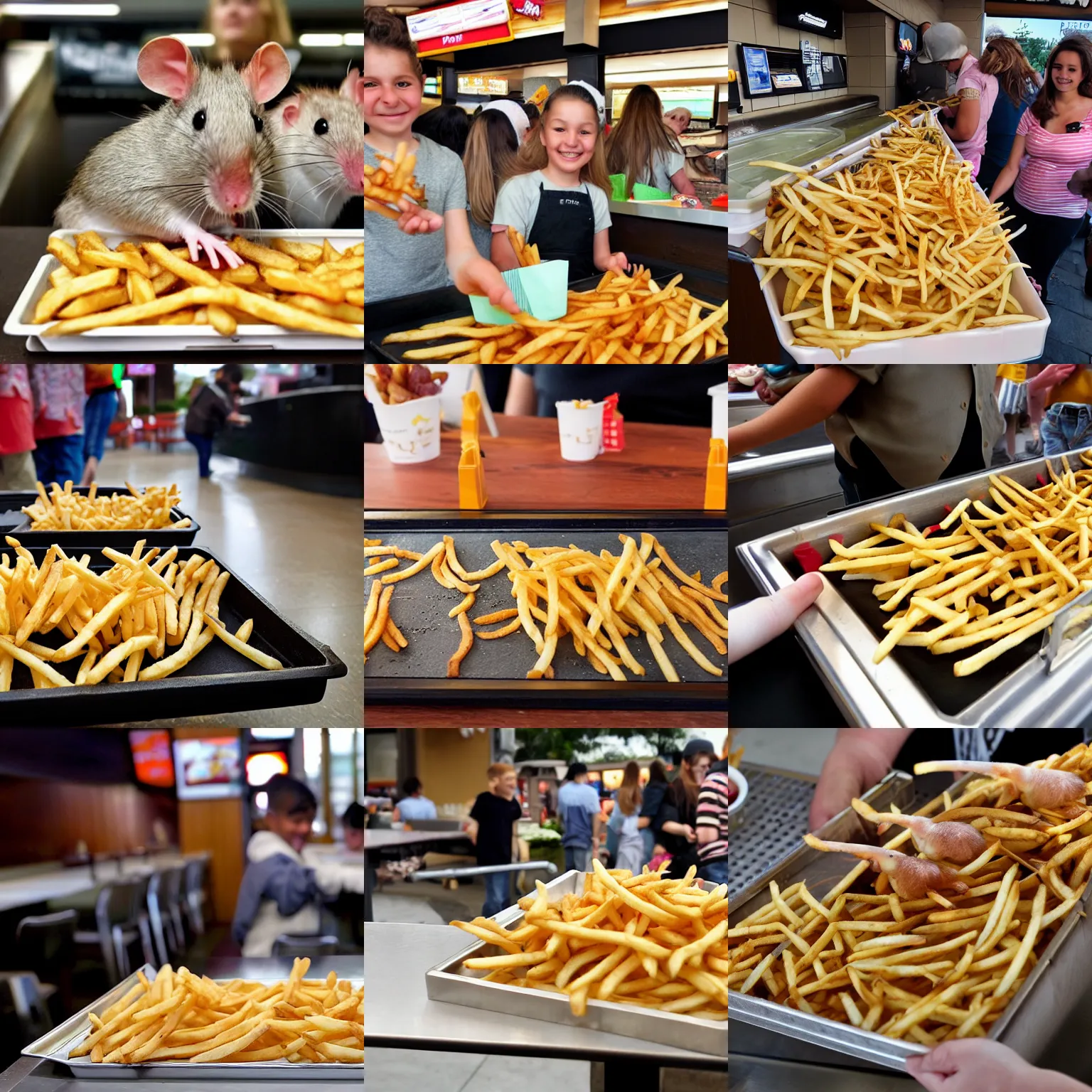 Prompt: A tray of potato rats with french fry rat tails being served to a rat family at McDonalds in rat town where there are a lot of french fry rats. Seriously that\'s a disturbingly large amount of potato rats and yet everyone is still smiling for some reason.