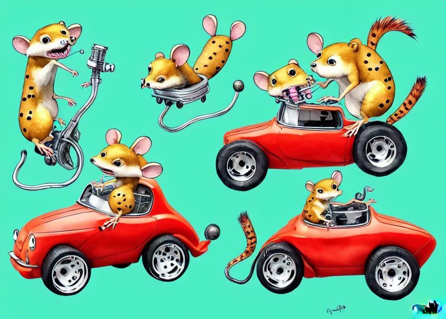 Image similar to cute and funny, quoll riding in a tiny hot rod with oversized engine, ratfink style by ed roth, centered award winning watercolor pen illustration, isometric illustration by chihiro iwasaki, edited by range murata, tiny details by artgerm and watercolor girl, symmetrically isometrically centered