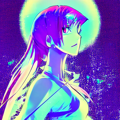 Image similar to anime, glitchy, glitch art, chromatic aberration, girl in white dress dancing, halo over her head, artstation