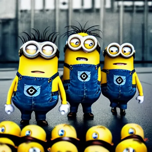 Prompt: minions as a heavy hair metal band from 8 0 s playing their concert on stadium